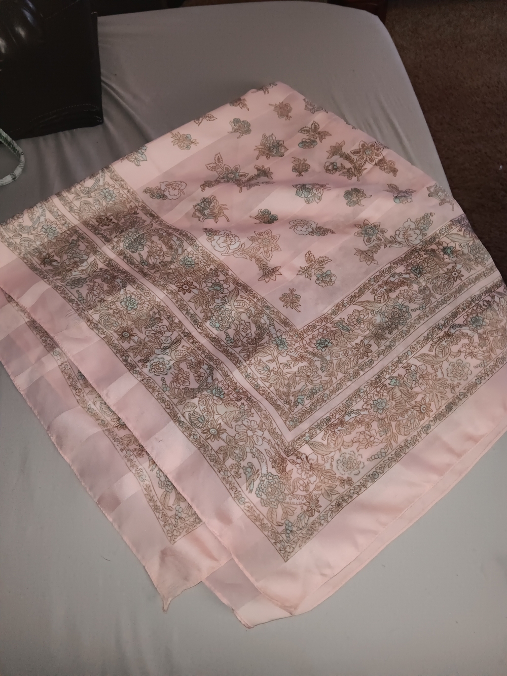 Unk Pink Floral Border Scarf with Mint and Beige Accents